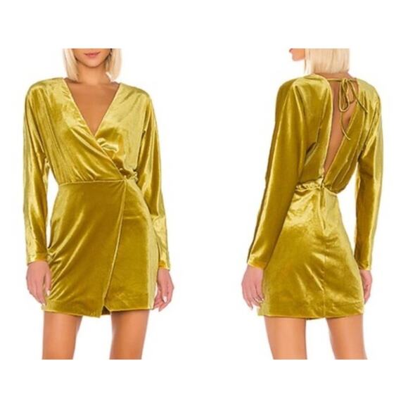 LPA Celeste Velvet Mini Dress Size S Faux Wrap Long Sleeve V-Neck Gold Party - Picture 15 of 15